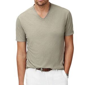 JOHN VARVATOS Shirt Mens Large Tan Pullover V-Neck Cotton Slub MILES in Spruce